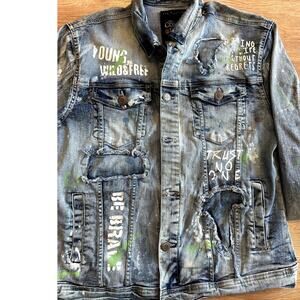 Denim Jean Jacket w/ Unique Paint Splatters and Screen Printed Phases Size Med